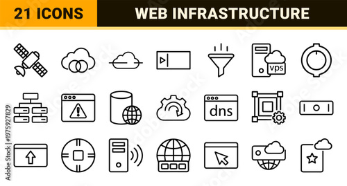 Minimalist web hosting and cloud computing outline icon set