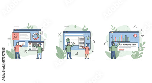 People manage digital health insurance claims and medical data and financial care in flat vector