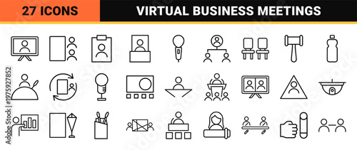 Business convention and virtual meeting minimalist outline icons.