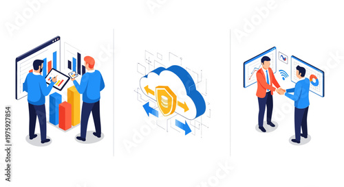 Digital business growth set including data analysis cloud storage security and professional partnership between two successful businessmen