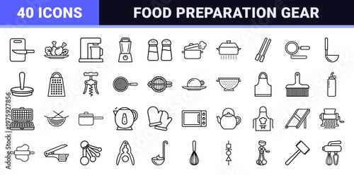 Minimalist outline cooking and kitchen tools icon grid