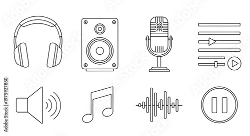 Minimalist audio icon set, professional music production equipment line art, 8 vector elements for podcasting and sound recording studio interfaces
