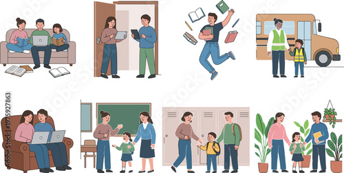 Education and school life illustration set featuring students, parents, and teachers involved in learning, bus transport, classroom activities, and home study sessions.