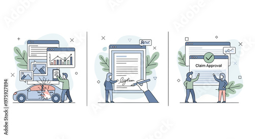 Digital Car Insurance Claim Process Illustration Showing Accident Reporting Online Signing Document And Final Approval Notification For Customers