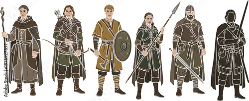 Fantasy character set with diverse medieval warriors including mage, archer, knight, and spearman, featuring realistic armor and weapons for adventure roleplay games.