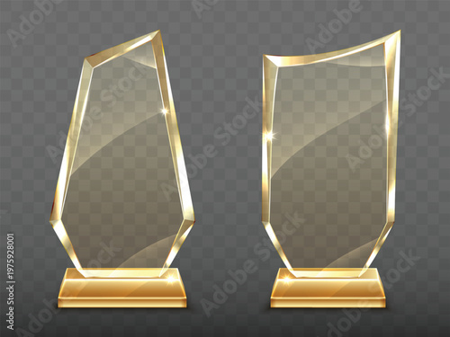 Vector realistic glass trophy awards on gold base