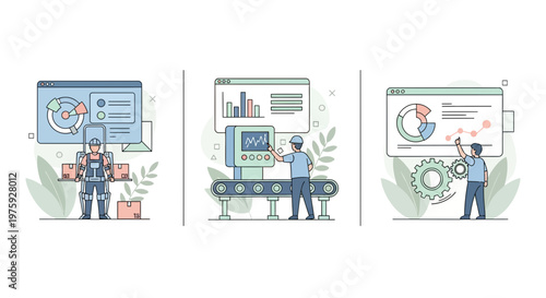 Modern industrial smart factory automation system monitoring maintenance worker using digital dashboard data visualization and exoskeleton technology