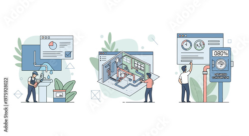 Pro staff fix pipe leak web app map data flow meter work site plan tech
