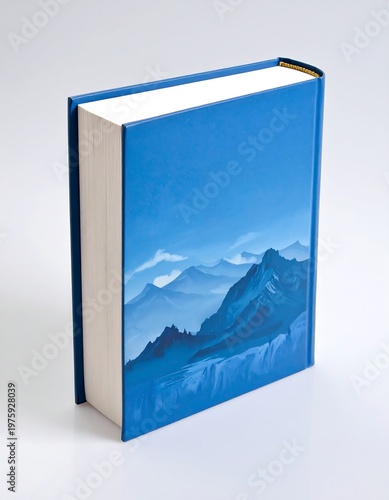 Hardcover book with a blue mountain landscape on its cover, isolated