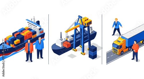 Ship truck crane port sea road work log fast big box blue red men job