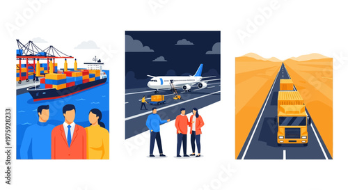 Global Logistics Ship Plane Truck Trade Port Road Air Sea Cargo Map Hub Team Way Fast