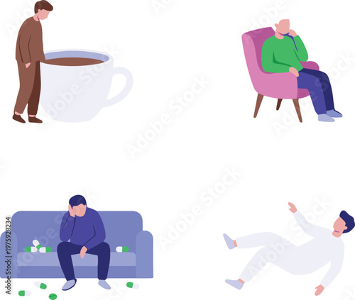 Mental health and depression concept with sad person feeling lonely, overwhelmed by medication and fatigue, symbols of anxiety and psychological stress,.