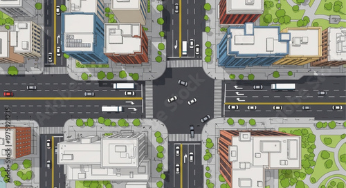 Aerial View of a City Intersection with Buildings and Traffic.