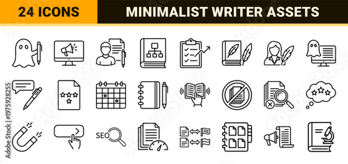 Copywriting line icon set: 36 minimalist black symbols for content writing.