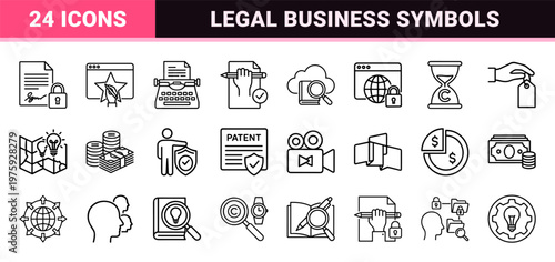Intellectual property legal line icon set with copyright trademark patent and innovation symbols.