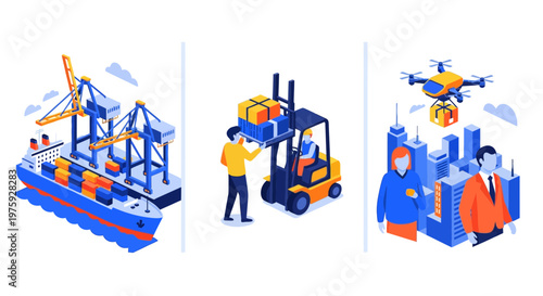 Log Supply Chain Ship Port Lift Drone City Biz Box Map Hub Net Pro Fit