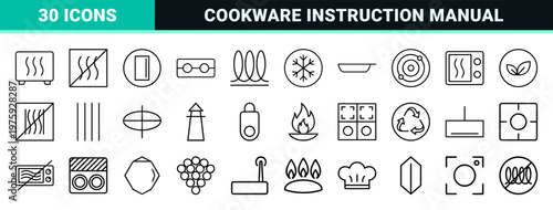 Kitchen appliance and cookware instruction manual outline icons set.