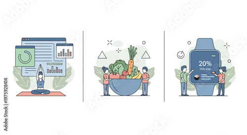 Healthy lifestyle concept with yoga exercise nutritious food bowl and smart watch fitness activity tracking technology