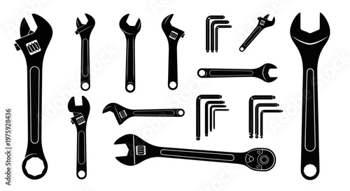 Vector Illustration of Various Wrenches and Hand Tools Set Isolated on White Background