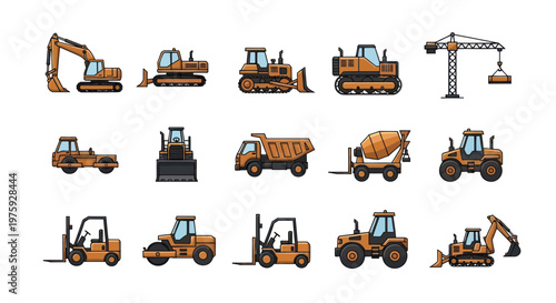 Set of cartoon construction machinery and heavy equipment vehicles