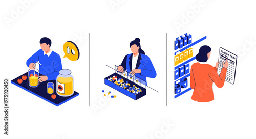 Man drinks juice woman buys pills girl reads label for health diet life and wellness daily