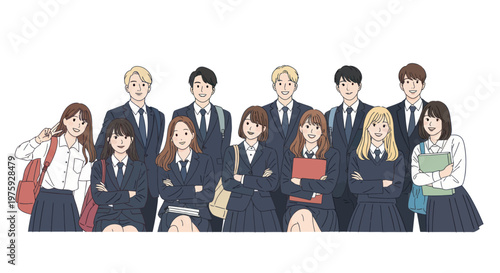 Diverse group of smiling students in uniform standing together.