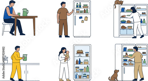 People using refrigerator at home with family members, man and woman looking for food, open fridge with groceries, and healthy eating,