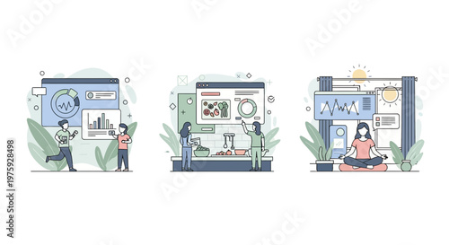 Holistic wellness concept showing people exercising eating healthy food and meditating for a balanced lifestyle and health