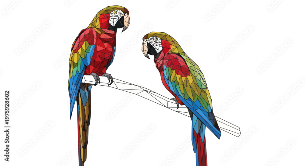 Obraz premium Two colorful low poly parrots sitting on a branch