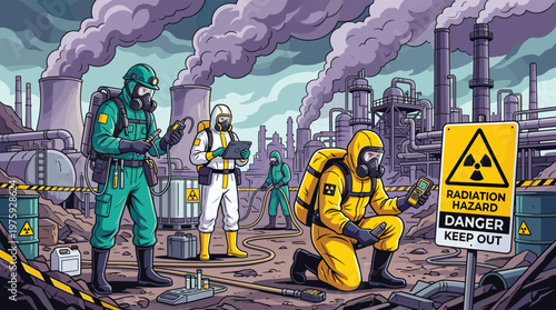 Specialists in hazmat suits investigating a radiation hazard at a nuclear power plant, toxic waste cleanup, industrial accident, and chemical emergency response.