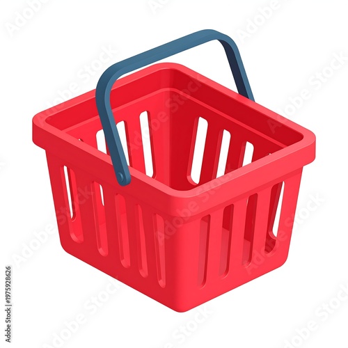 Isometric view of a bright red, empty shopping basket with a blue handle