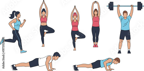 Fitness and Exercise Illustration with Running, Yoga, Push-ups, and Weightlifting for Health, Workout, and Sports Designs