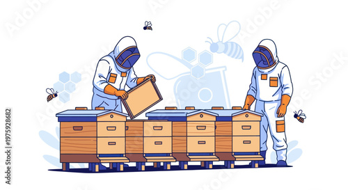 Beekeepers in protective suits working at a professional honey bee apiary