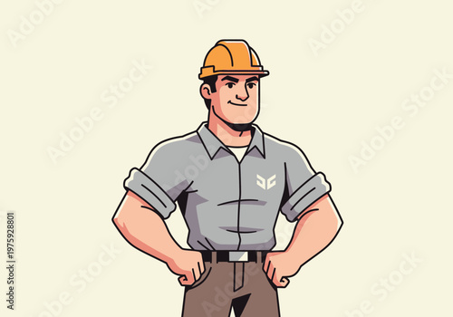 Confident Male Construction Worker in Hard Hat and Work Shirt.