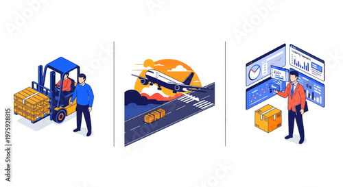 Industrial logistics supply chain management with forklift truck transport cargo airplane and global business dashboard monitoring