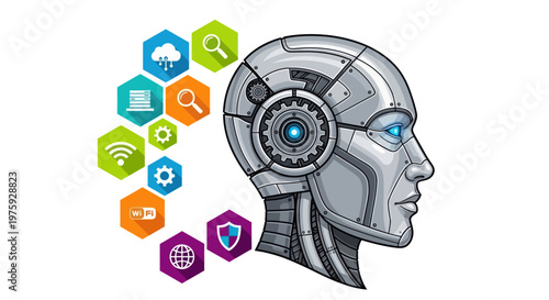 Artificial intelligence concept with metallic robotic head and technology icons.