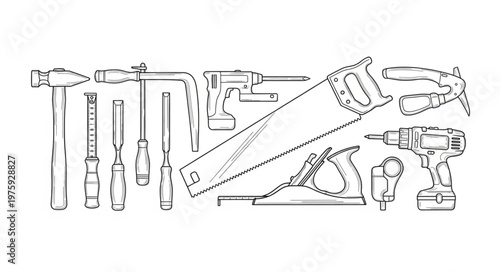 Drill and various hand tools.