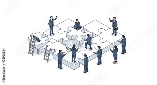 Business team solving puzzle together, concept of teamwork and collaboration.