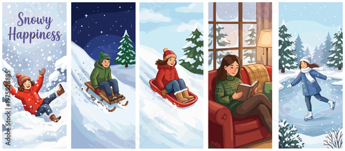Winter holiday banners with people enjoying snow activities, sledding, reading by window, ice skating, and playing in winter season for festive concept,