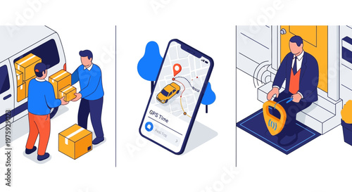 last mile ship app map van box man door home fast mail work way trip