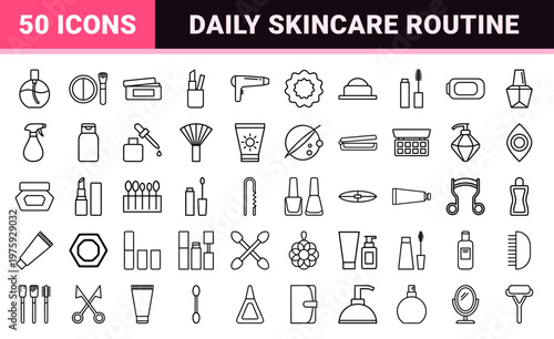 Outline cosmetics and beauty makeup icon set in minimalist geometric style.