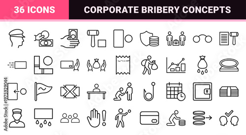 Corruption and bribery minimalist black outline icon set