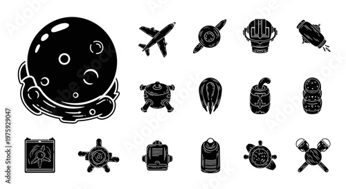Space Travel Icons: Moon, Rocket, Spaceship, Airplane, UFO