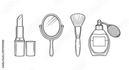 Minimalist beauty icons set, black and white line art of lipstick and hand mirror, makeup brush and vintage perfume bottle vector illustrations