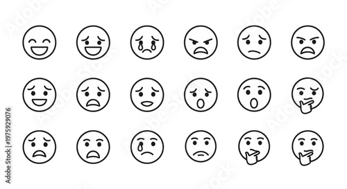 Set of Different Emotions Emoticons Icons, Mood Symbols, Face Expressions, Vector Art