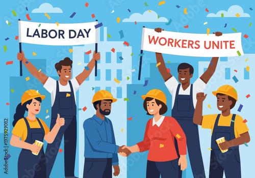 Diverse Group of Workers Celebrating Labor Day with Banners and Handshakes.