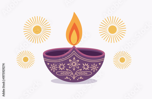 Elegant Diwali diya with floral patterns, radiant flame, soft fireworks, and festive typography, vector illustration celebrating the Hindu Festival of Lights for holiday, greeting card