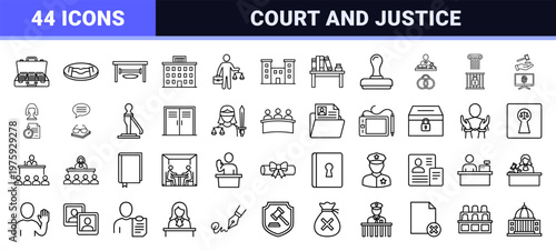 Minimalist law and court outline icon set with legal elements.