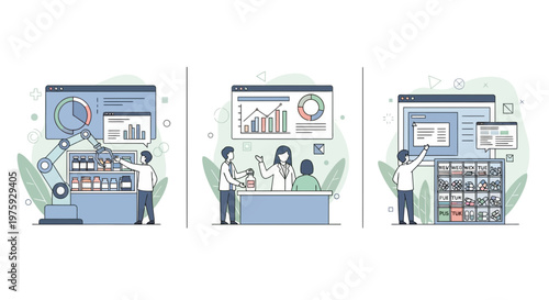 Modern pharmacy automation technology using robotic systems data analysis medication storage and digital scheduling tools