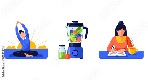 Healthy morning routine lifestyle habits including yoga stretching drinking smoothie and writing in journal for daily productivity